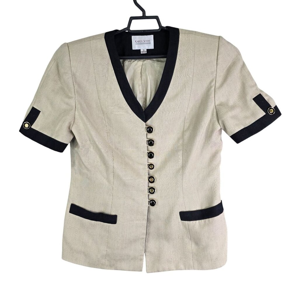 Womens Karen Scott Beige & Black Trim Blazer Button Front Short Sleeve Size 10